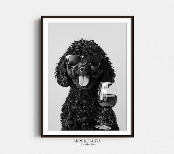 Black Goldendoodle Holding Wine Glass Sunglasses Funny Dog Poster