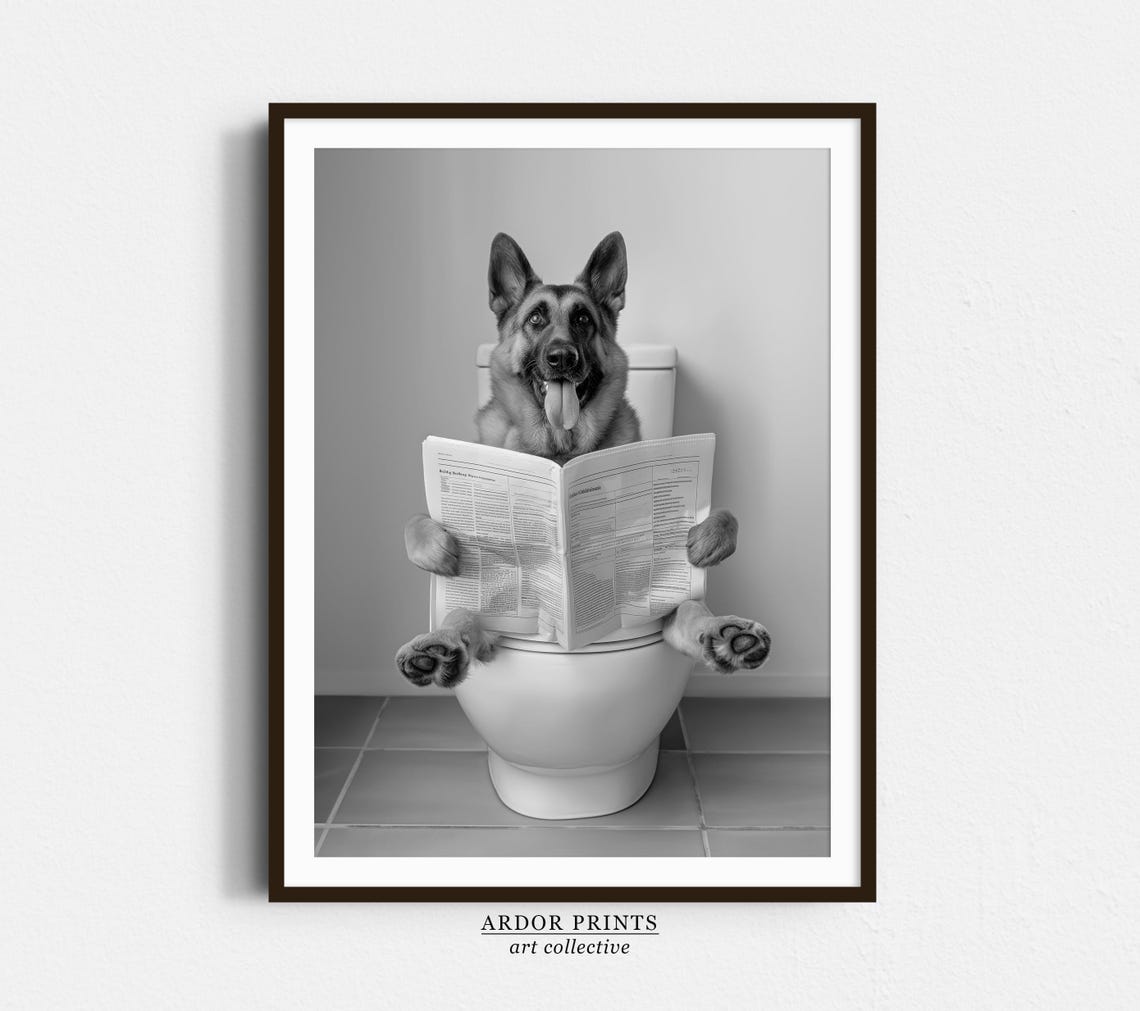 German Shepherd Reading Newspaper Sitting on Toilet Funny Poster