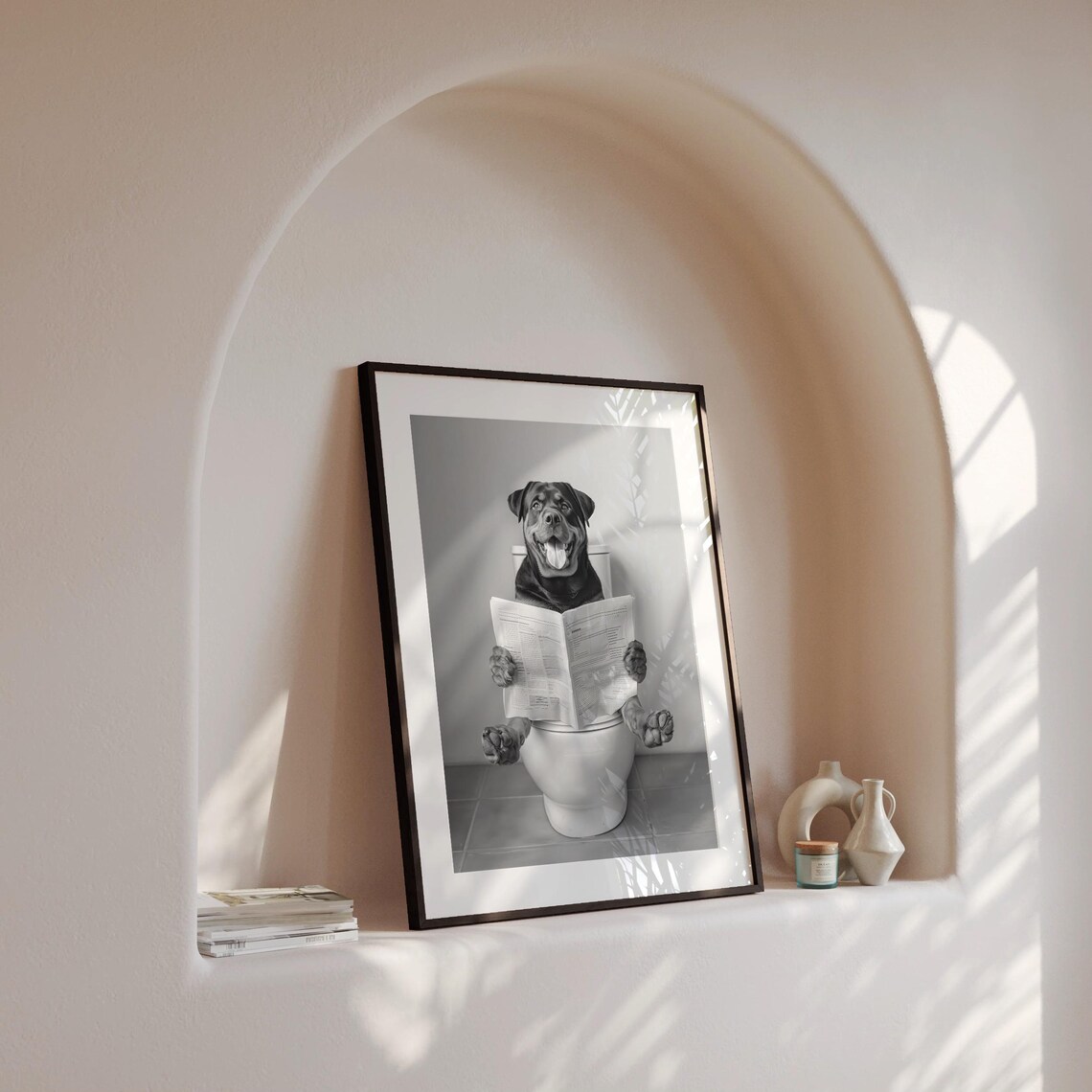 Rottweiler Reading Newspaper in Toilet, Funny Dog Art Print - Image 4