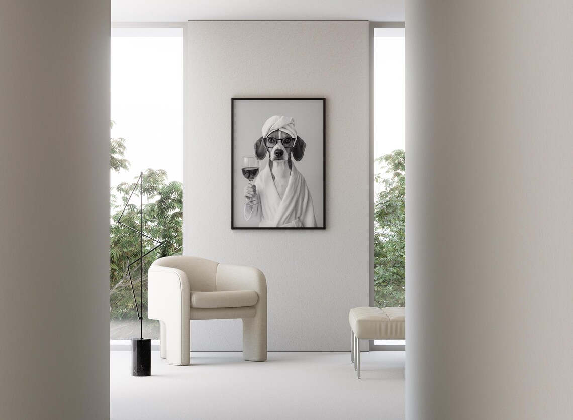 Beagle In Bathrobe Holding Wine Art Print - Image 3