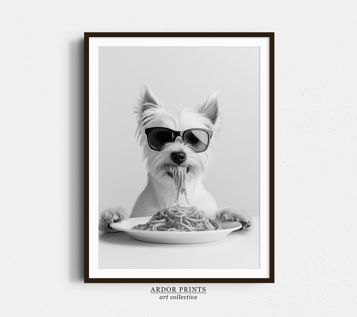 West Highland Terrier Eating Spaghetti Sunglasses Funny Dog Poster