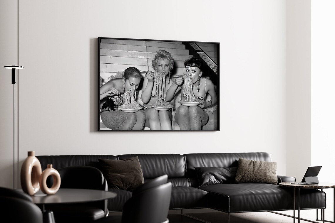 Women Eating Spaghetti With Chopsticks, Vintage Print - Image 4
