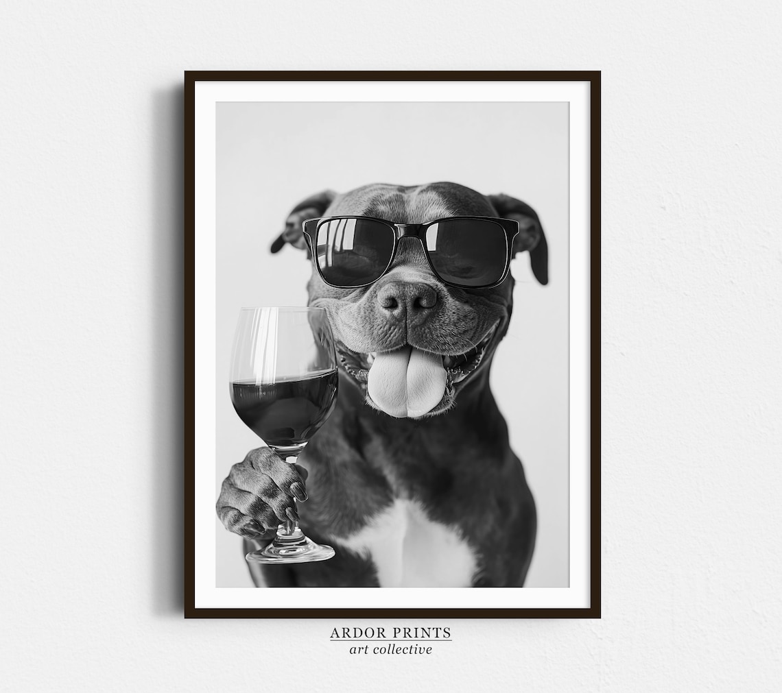 Staffy Bull Terrier Drinking Wine Funny Dog Art Print
