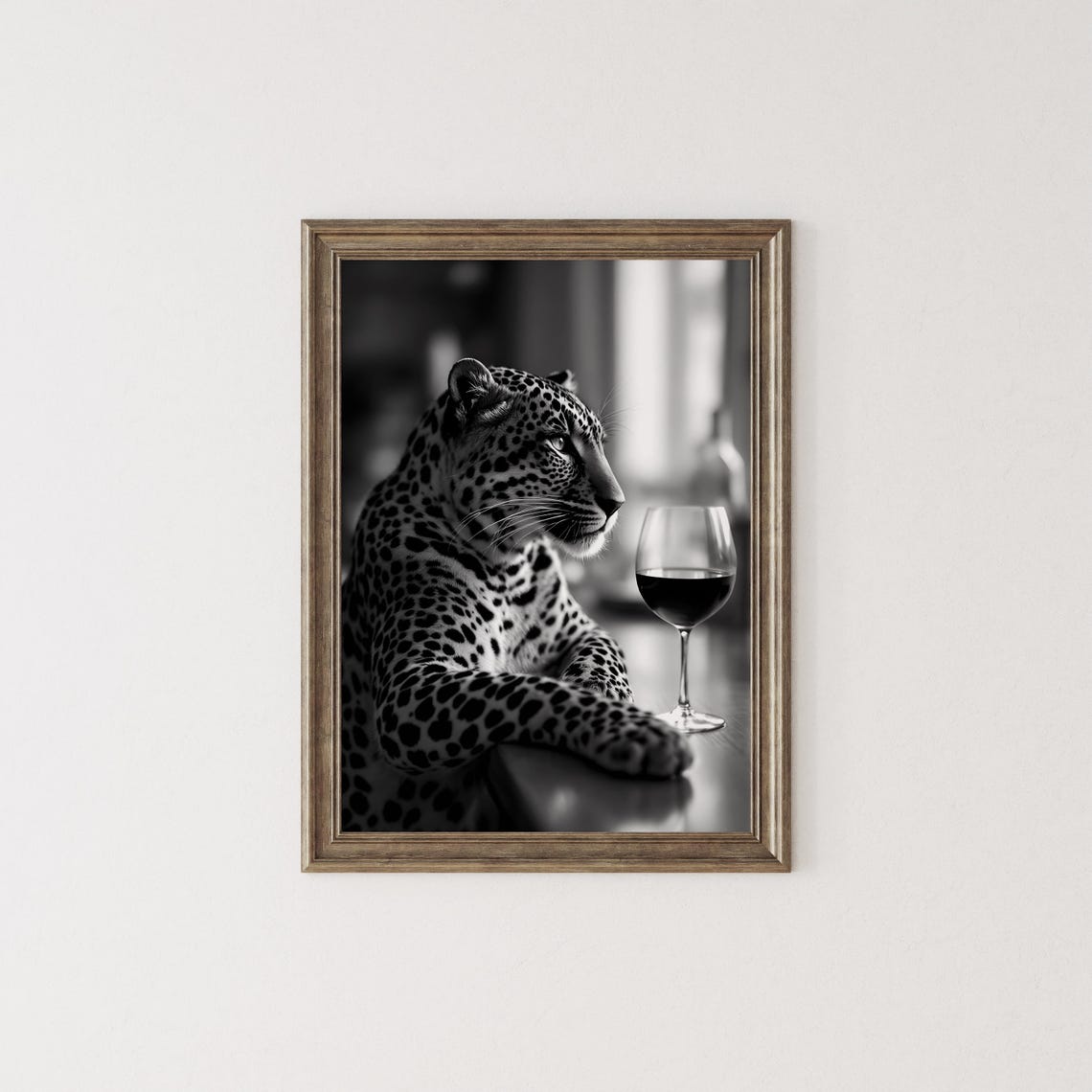 Leopard Resting at Bar Beside Glass of Wine Black White Poster - Image 2