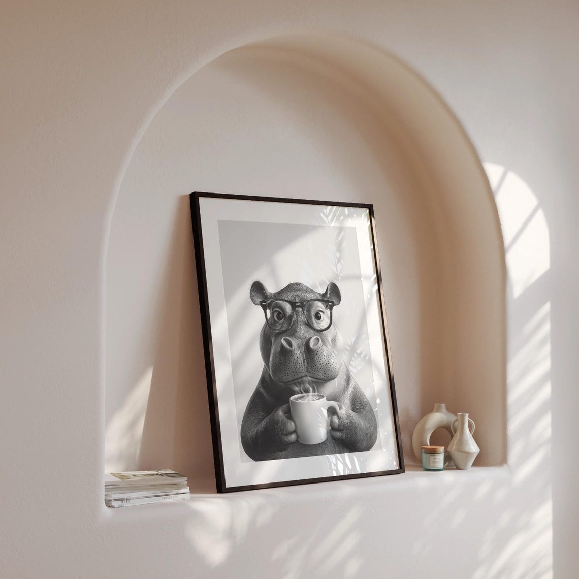 Hippo Wearing Glasses Drinking Coffee Black And White Funny Poster - Image 4