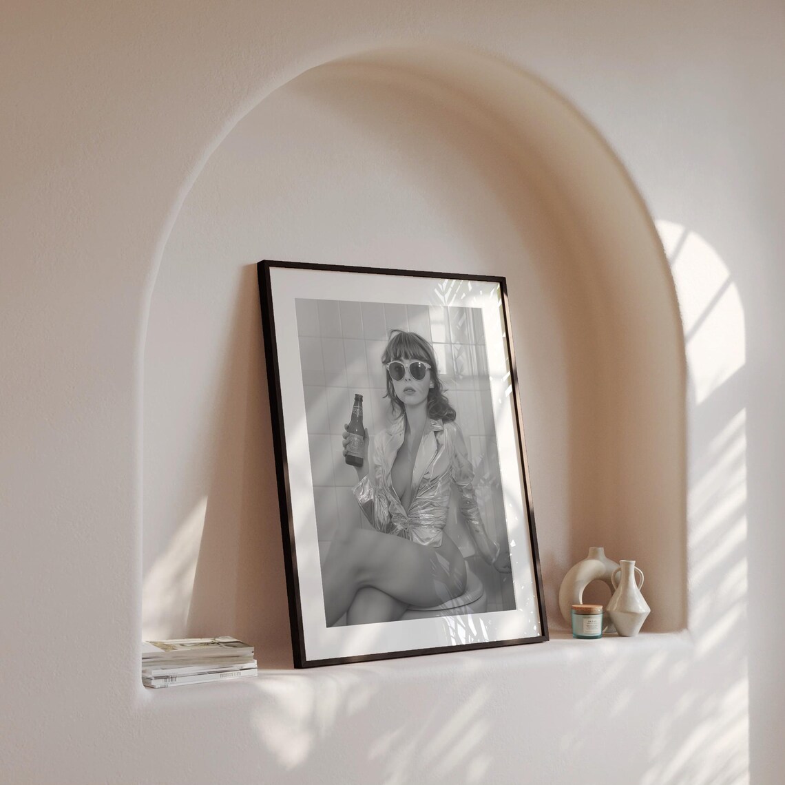 Woman Drinking Beer On Toilet Sunglasses Retro Funny Photo Print - Image 4