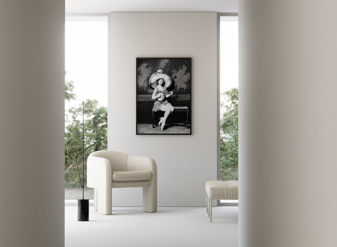 Vintage Girl With Banjo And Sombrero Wall Art 1920s Fashion Beauty Ziegfeld Follies Black And White Print Flapper Girl Retro Wall Decor - Image 3