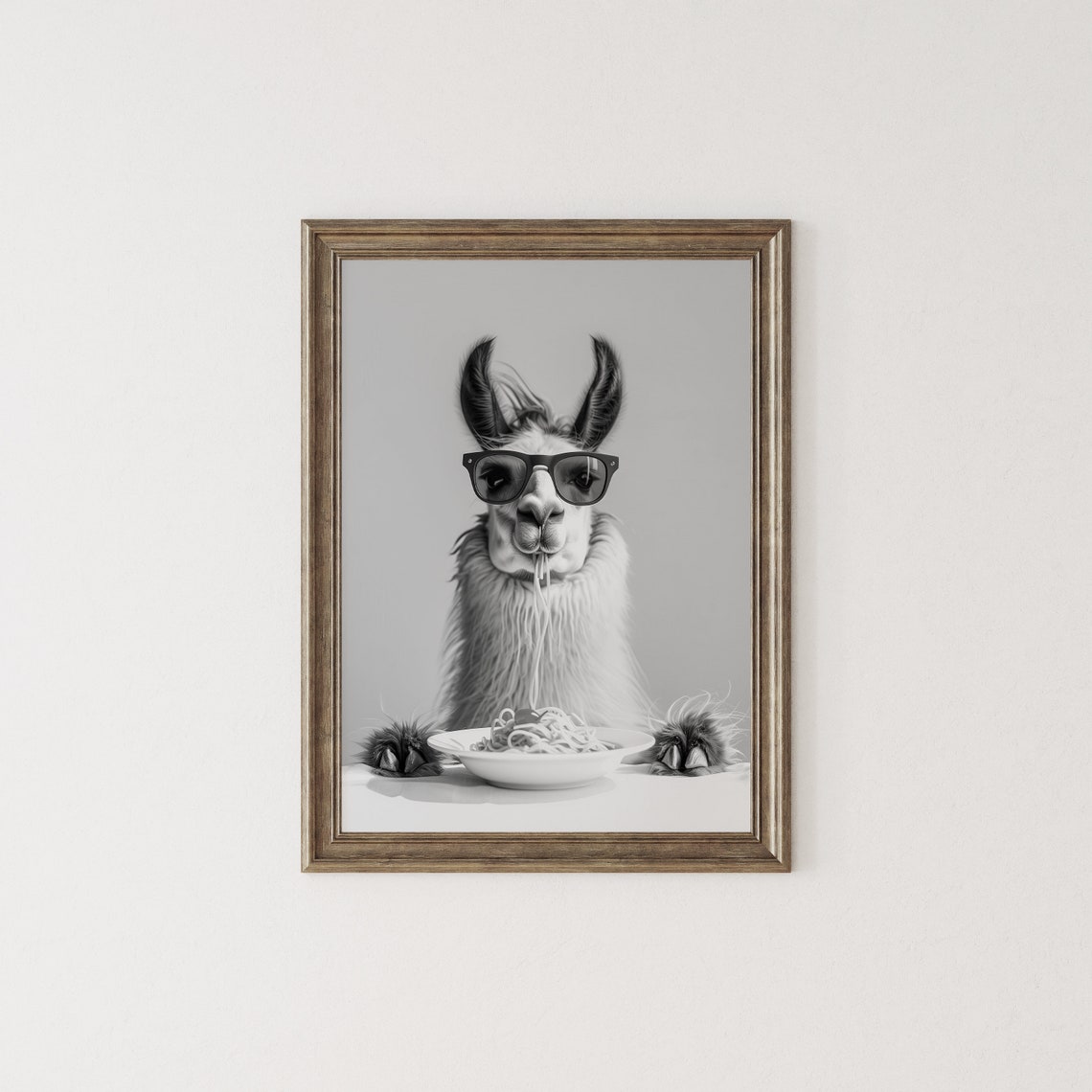 Llama Eating Spaghetti With Sunglasses Black and White Poster - Image 2