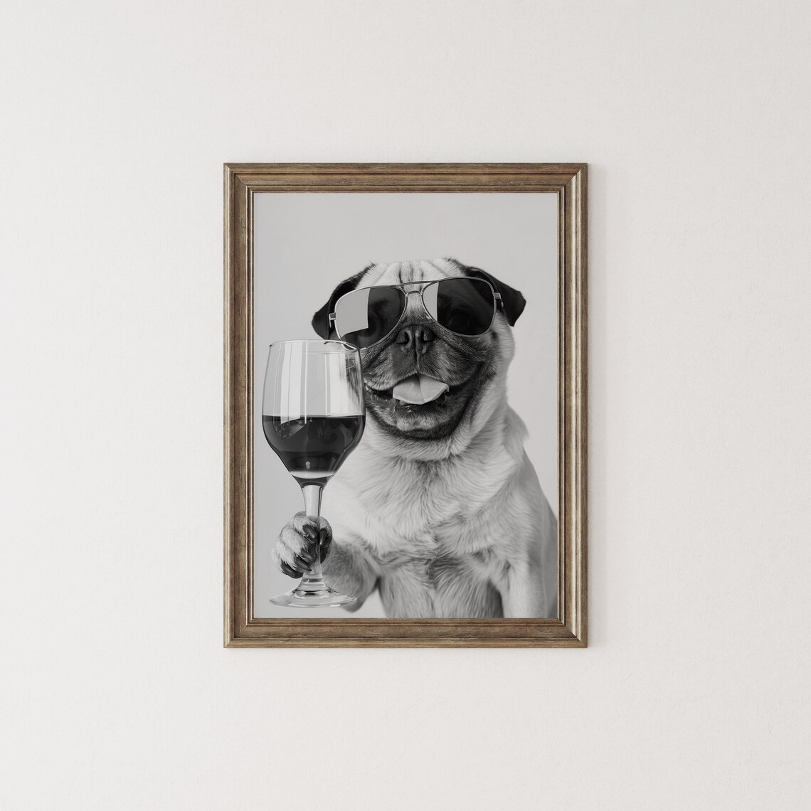 Pug Holding Wine Black and White Art Print - Image 2