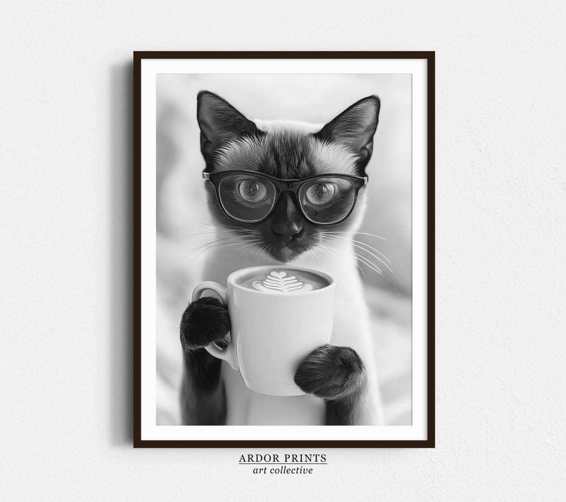 Siamese Cat Coffee Break Funny Cat With Glasses Drinking Coffee Poster