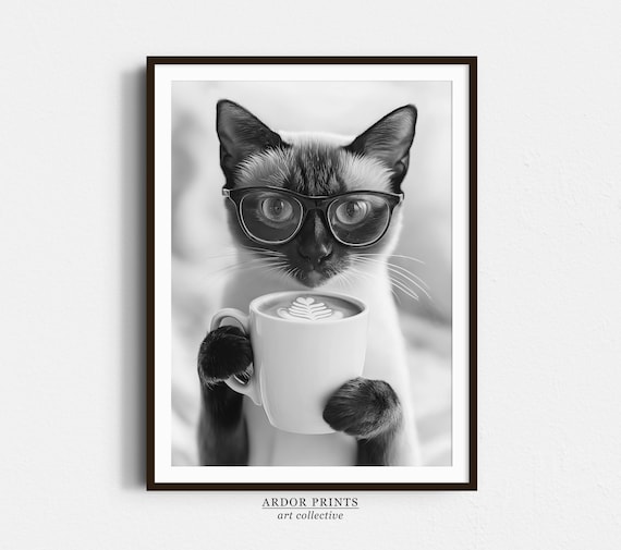 Siamese Cat Coffee Break Funny Cat With Glasses Drinking Coffee Poster