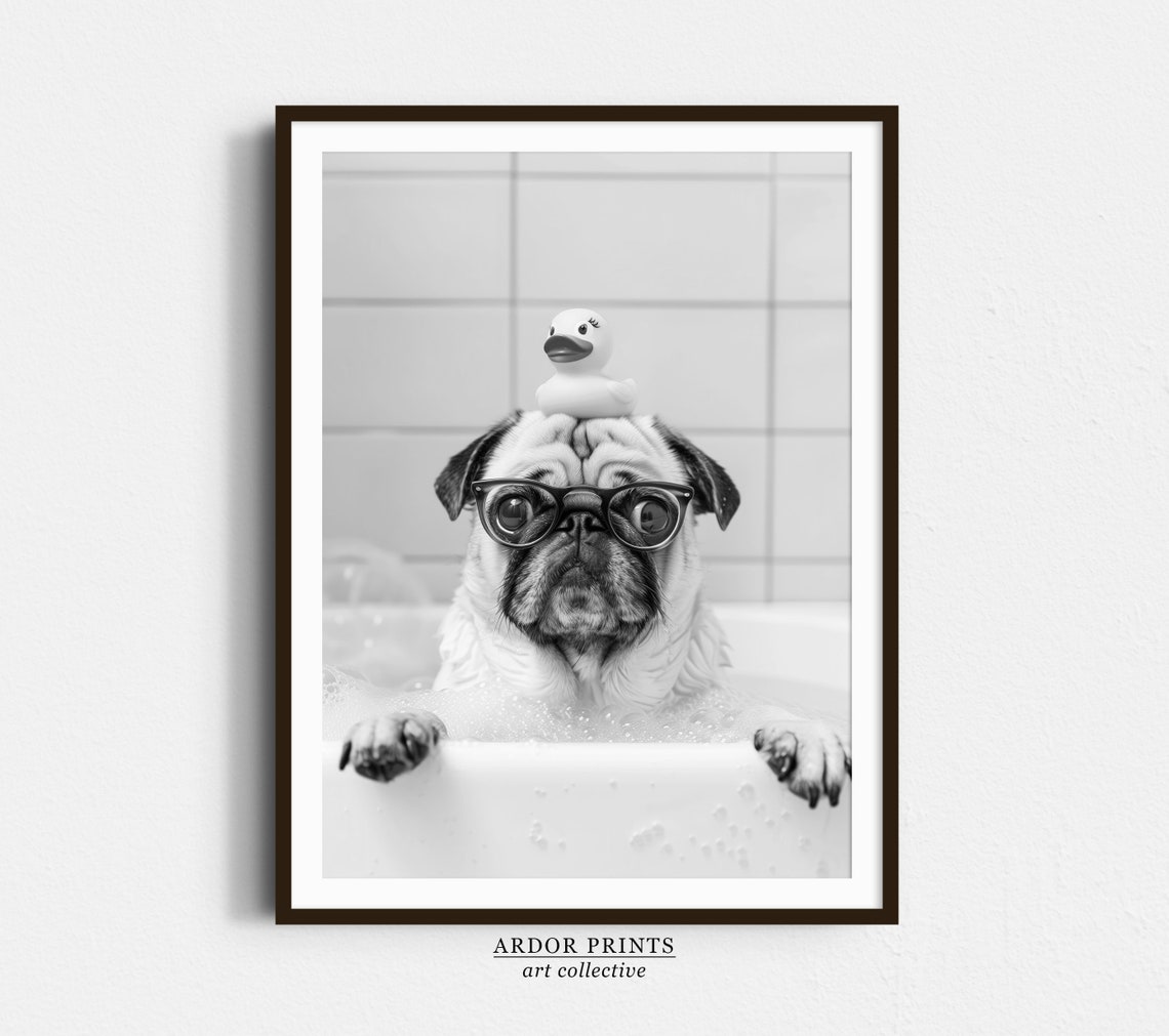 Pug Bubble Bath With Rubber Duck Glasses Funny Dog Spa Wall Art