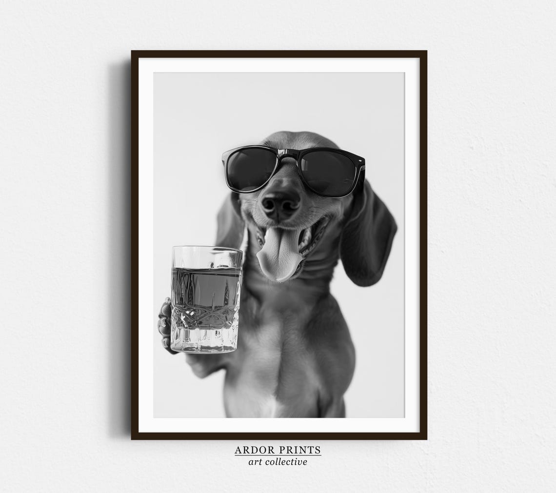 Dachshund Drinking Whiskey Sunglasses Bourbon Glass Funny Dog Print