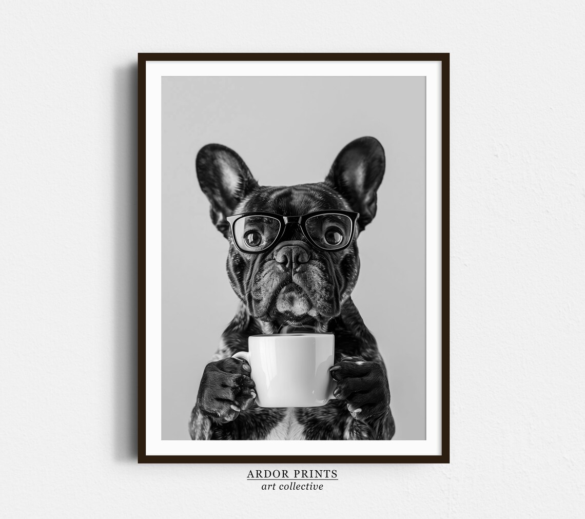 French Bulldog Drinking Coffee, Funny Dog Art Print