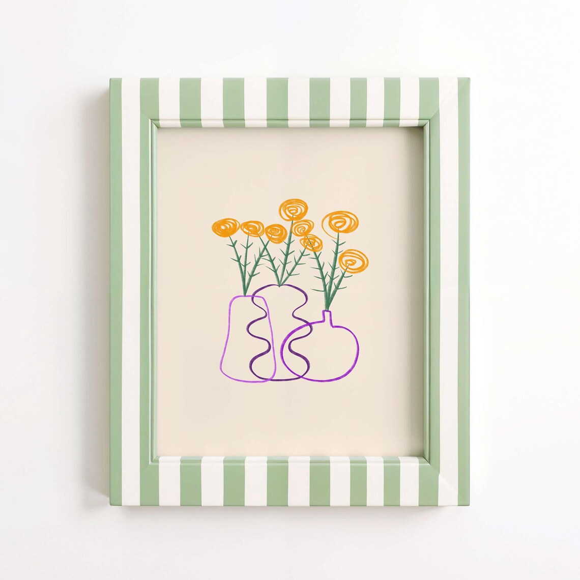 Hand Drawn Orange Flowers in Purple Vases Minimalist Floral Print