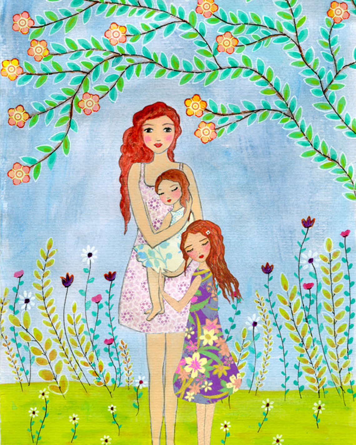 Mother Embracing Two Daughters in a Sunny Flower Meadow Poster - Image 2