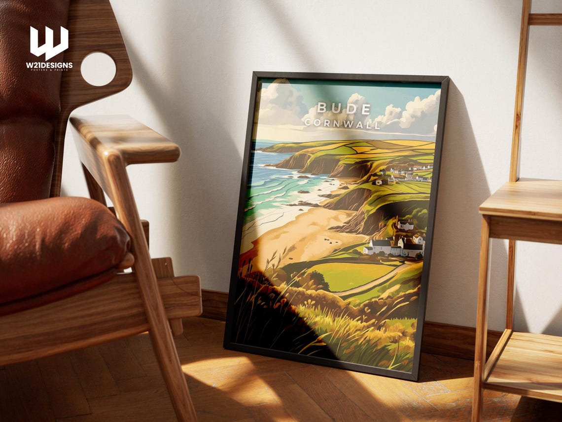 Bude Cornwall Golden Coast Cliffs Beach Illustration Travel Poster - Image 2