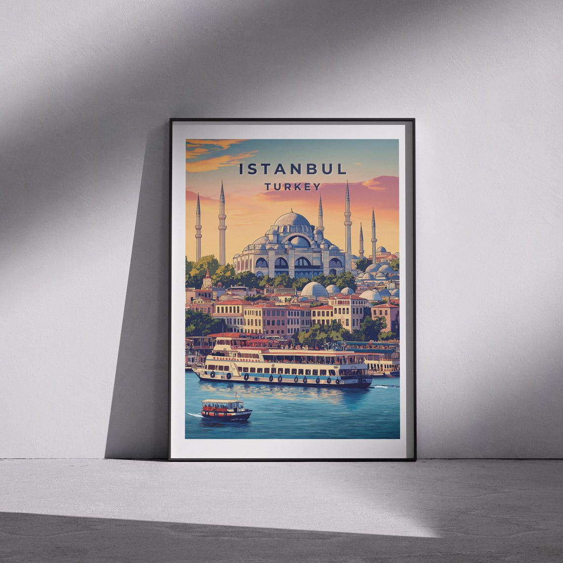 Istanbul Turkey Mosque Bosphorus Boats Travel Illustration Poster