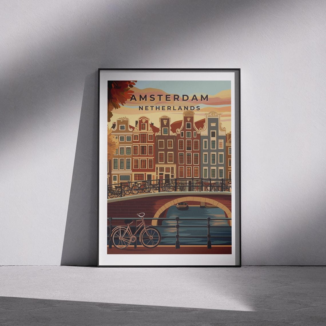 Amsterdam Netherlands Canal Bridge Bicycle Illustration Poster