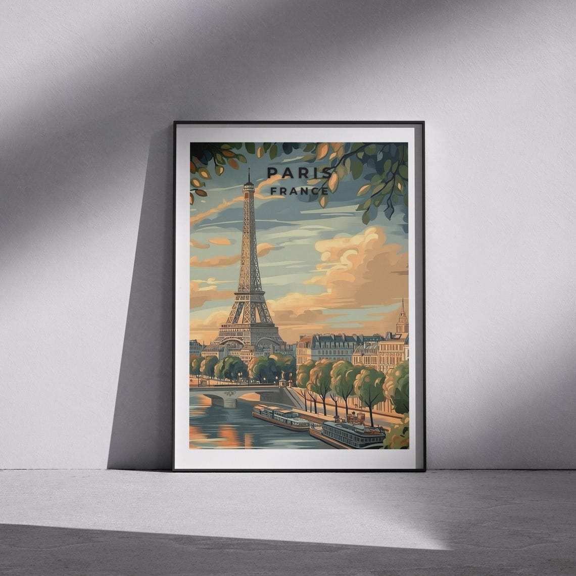 Paris France Eiffel Tower Seine River Vintage Illustration Poster