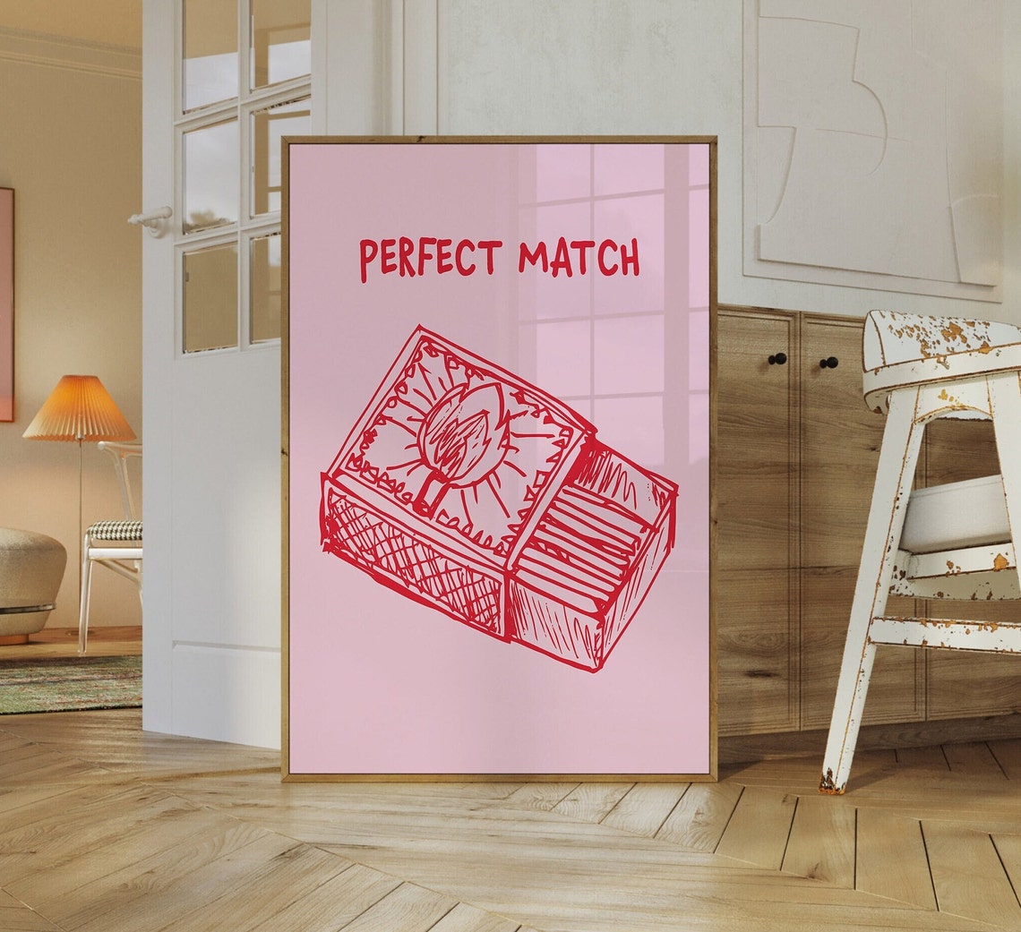 Perfect Match Red Matchbox Sketch On Blush Pink Couples Poster - Image 3