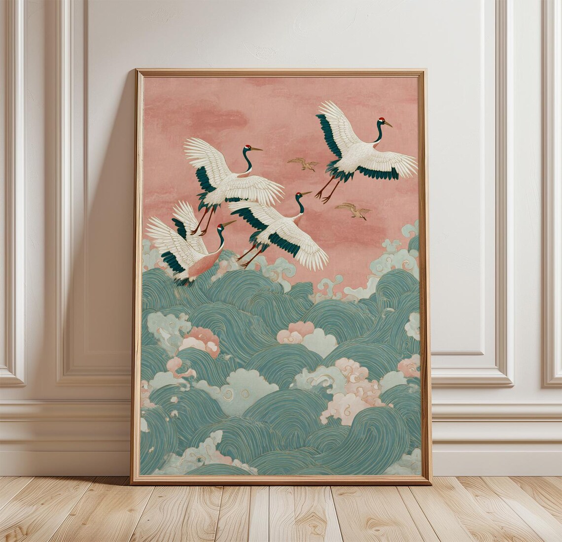 Japanese Cranes Flying Over Ocean Waves Vintage Nature Poster