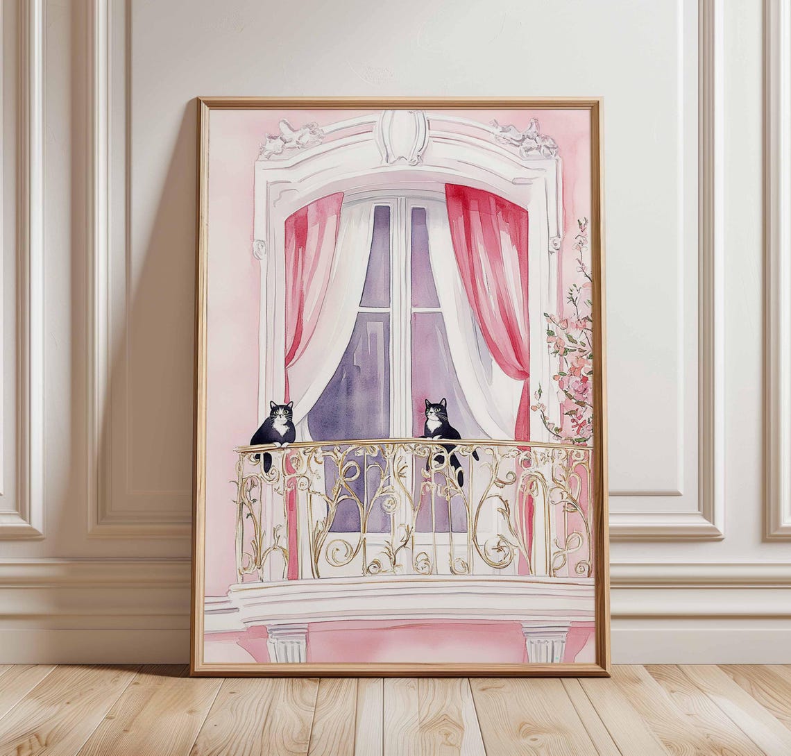 Two Black Cats On Balcony Golden Railing Night Window Art Poster