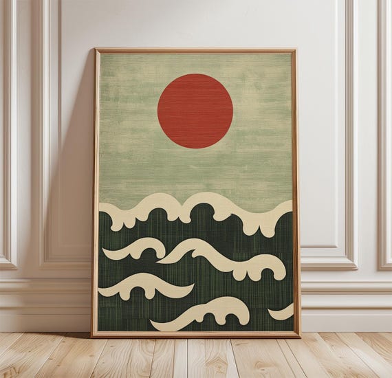Japanese Wave Poster Print Red Sun Ocean Wall Art Minimalist Seascape Illustration