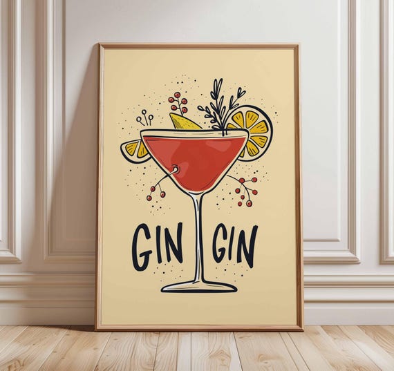 Gin Cocktail Poster Print Retro Bar Wall Art Fun Drink Illustration With Lemon And Herbs Modern Kitchen Home Decor