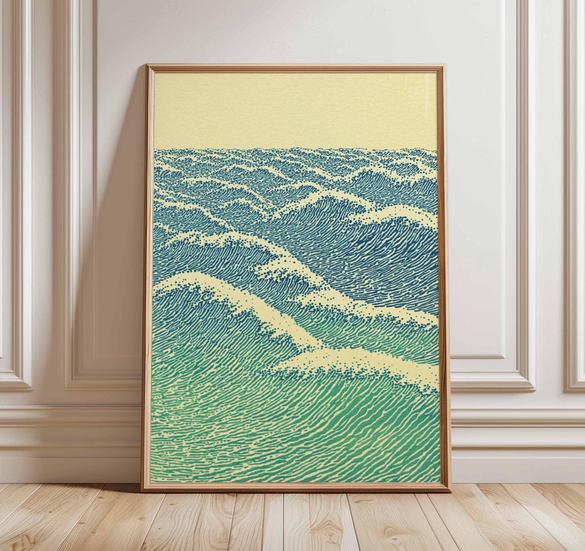 Japanese Style Blue Ocean Waves Poster Minimalist Sea Wave Art