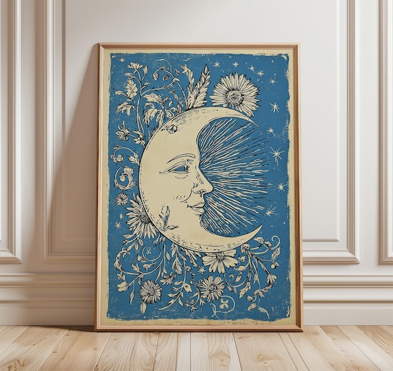 Moon Wall Art Print Vintage Celestial Illustration Night Sky Botanical Poster