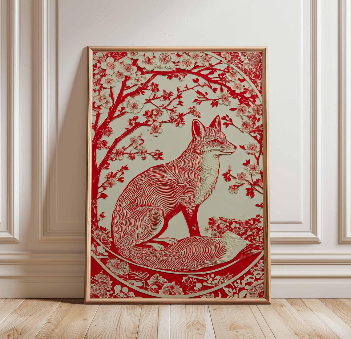 Red Fox Cherry Blossom Japanese Woodcut Style Floral Art Poster