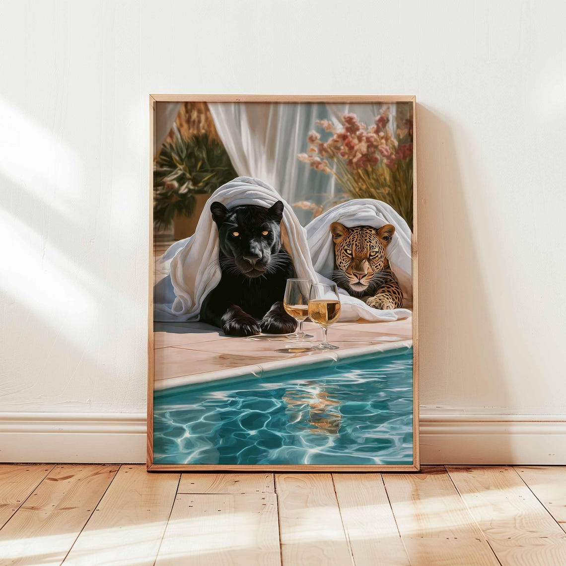 Panther and Leopard Poolside With Wine Glasses Luxury Poster