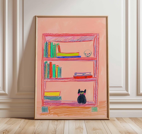 Pink Bookshelf Crayon Drawing with Black Cat Kids Room Art Poster