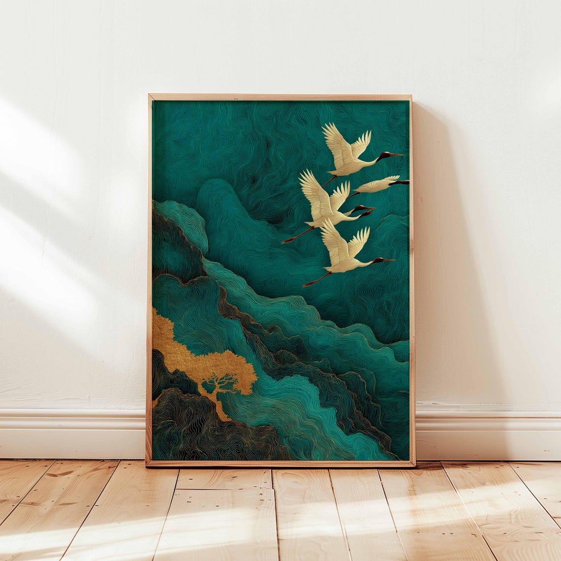 Golden Cranes Emerald Waves Japanese Minimalist Zen Nature Poster
