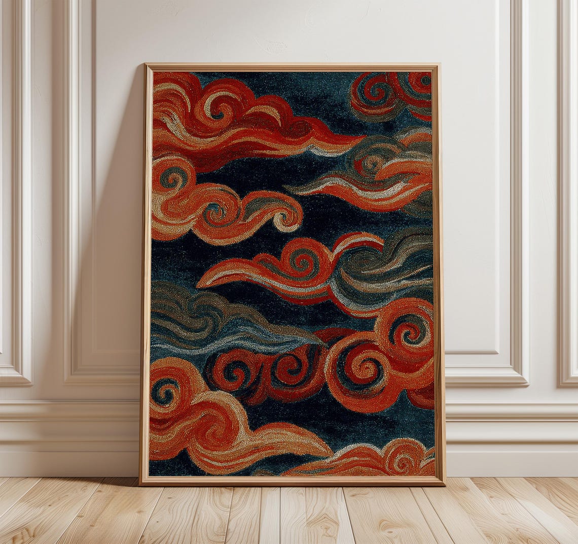 Retro Swirl Wave Pattern Red Cloud Boho Abstract Statement Print