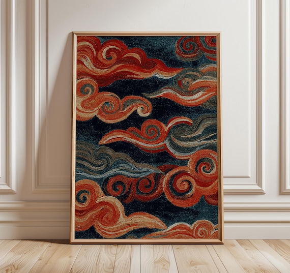 Abstract Swirl Art Print Retro Wave Pattern Poster Boho Wall In Red And Blue Mid Century Modern Textile Inspired Design