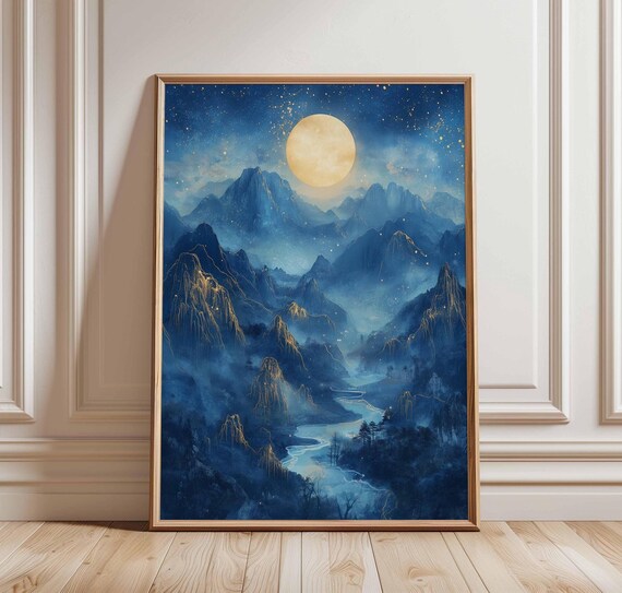 Golden Moon Over Misty Blue Mountains East Asian Ink Landscape Poster
