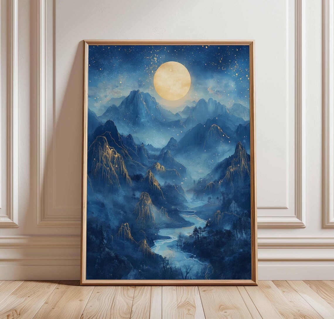 Golden Moon Over Misty Blue Mountains East Asian Ink Landscape Poster
