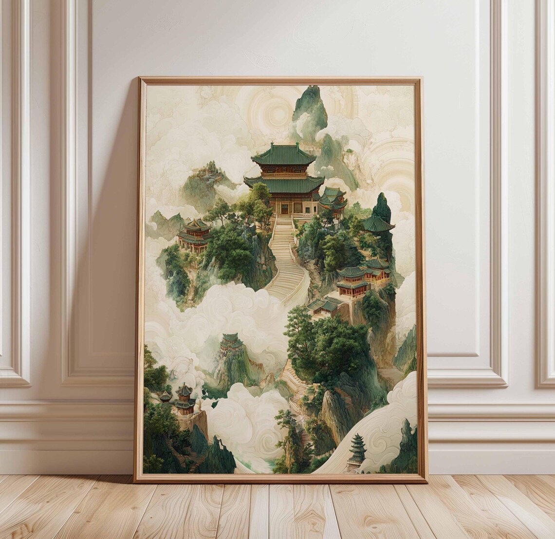 Cloudy Mountain Temples Traditional Chinese Ink Wash Landscape Poster