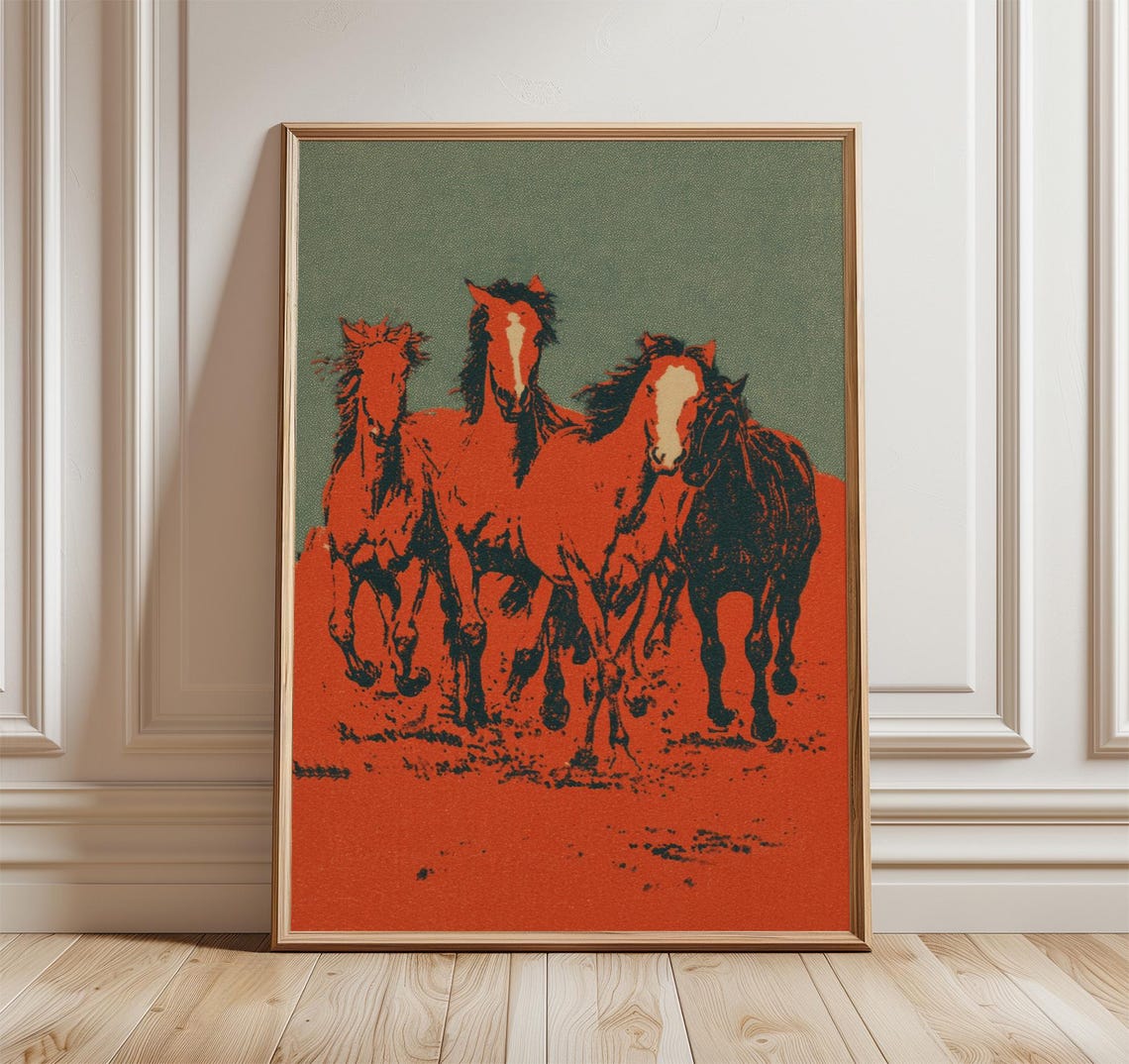 Wild Mustangs Running Sunset Red Vintage Western Horse Poster