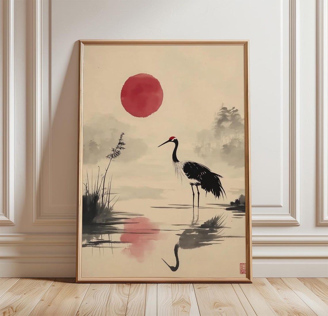 Japanese Crane Poster Red Sun Wall Art Minimal Asian Landscape Print Zen Nature Decor
