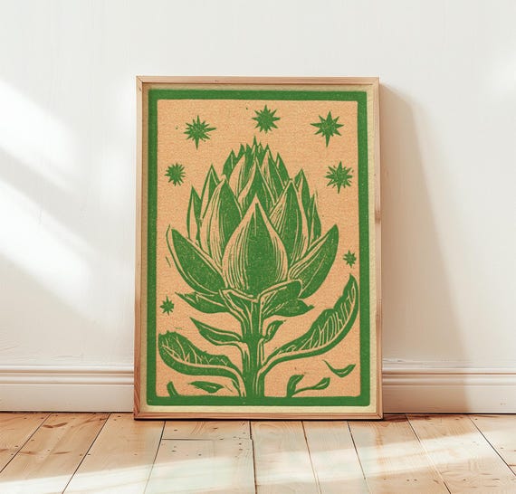 Artichoke Botanical Linocut Vintage Kitchen Art Print