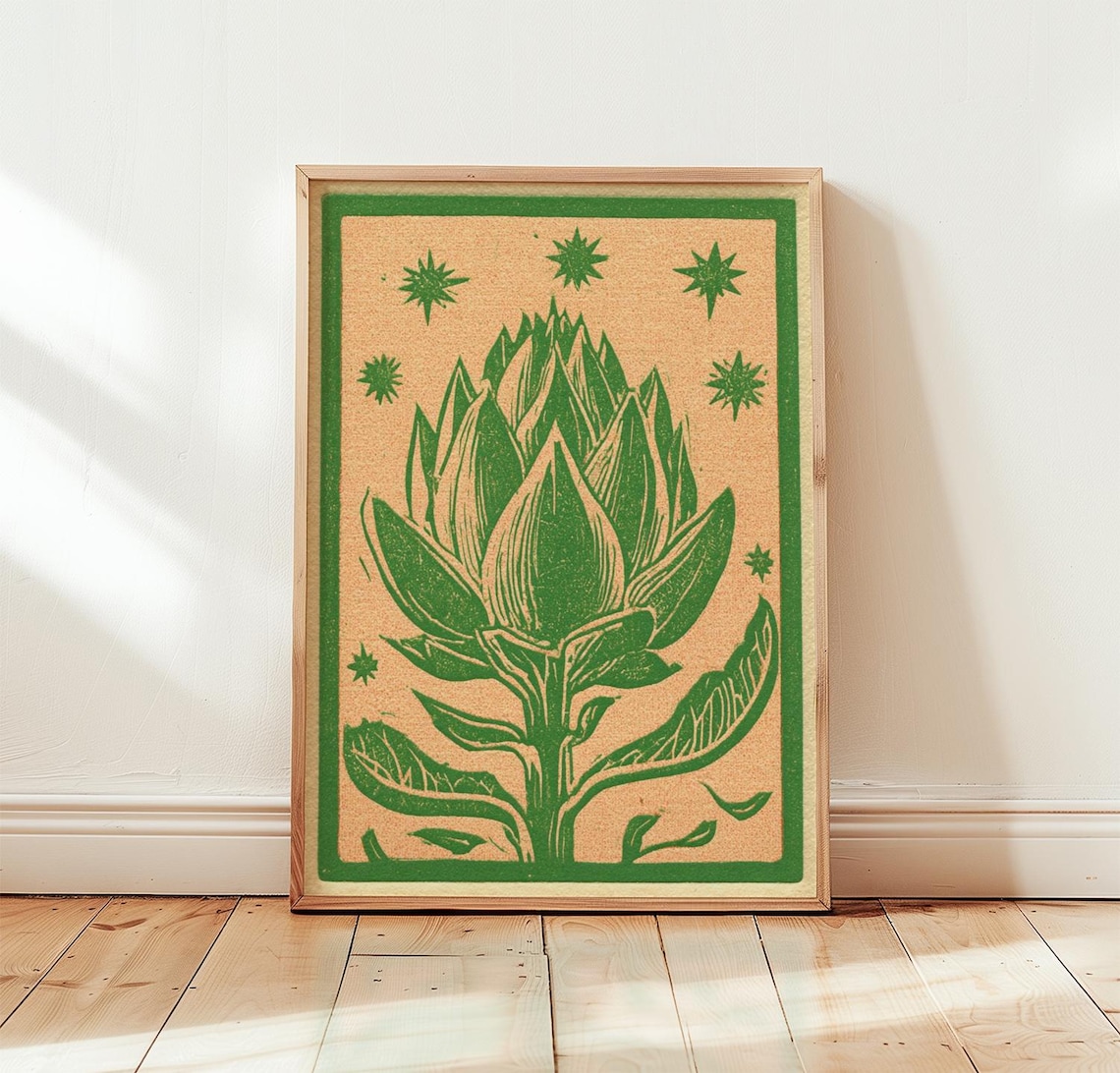 Artichoke Botanical Linocut Vintage Kitchen Art Print