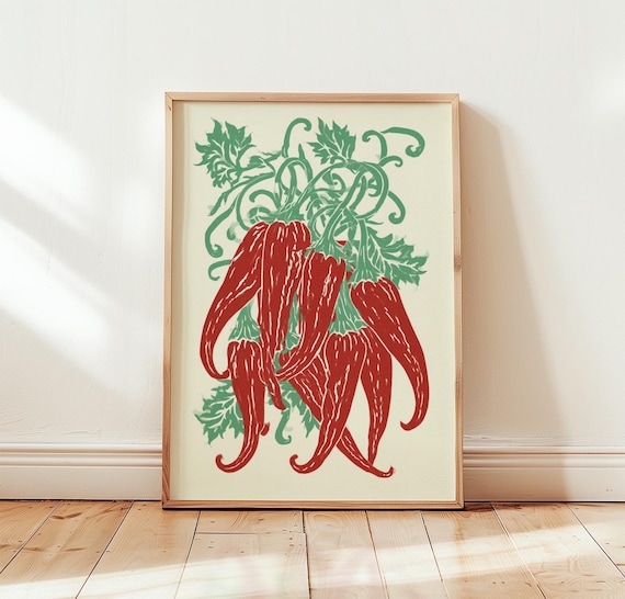 Red Chili Peppers Swirling Vines Rustic Italian Kitchen Art Poster