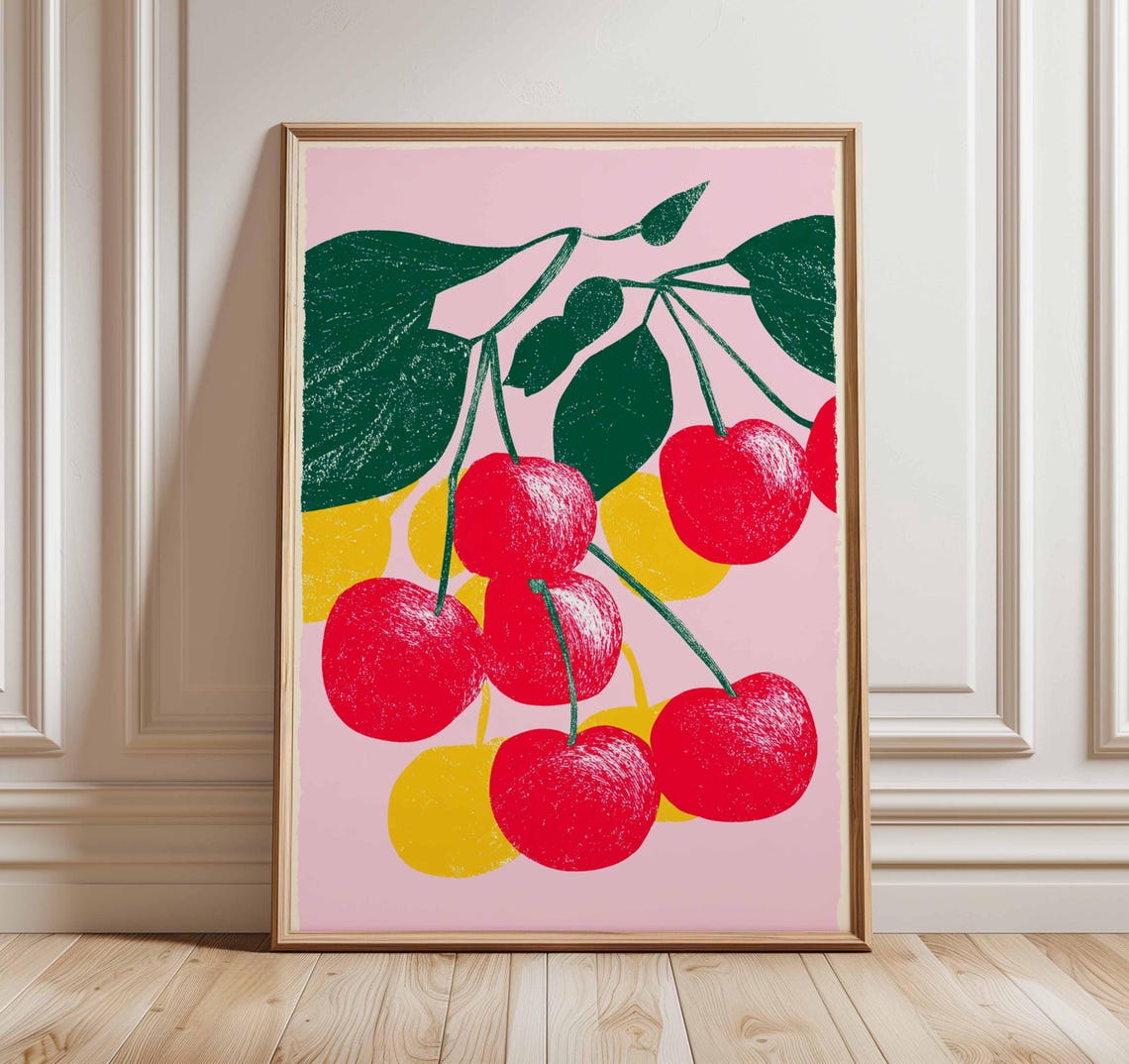 Cherry Wall Art Print Fruit Poster Pop Kitchen Decor Retro Modern Botanical Illustration Colorful Food Artwork Vibrant Summer Design