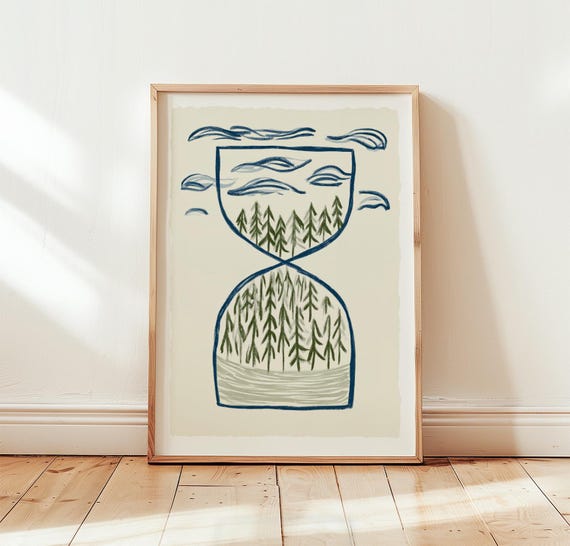 Forest Hourglass Print Blue Green Nature Wall Art Lithograph Poster