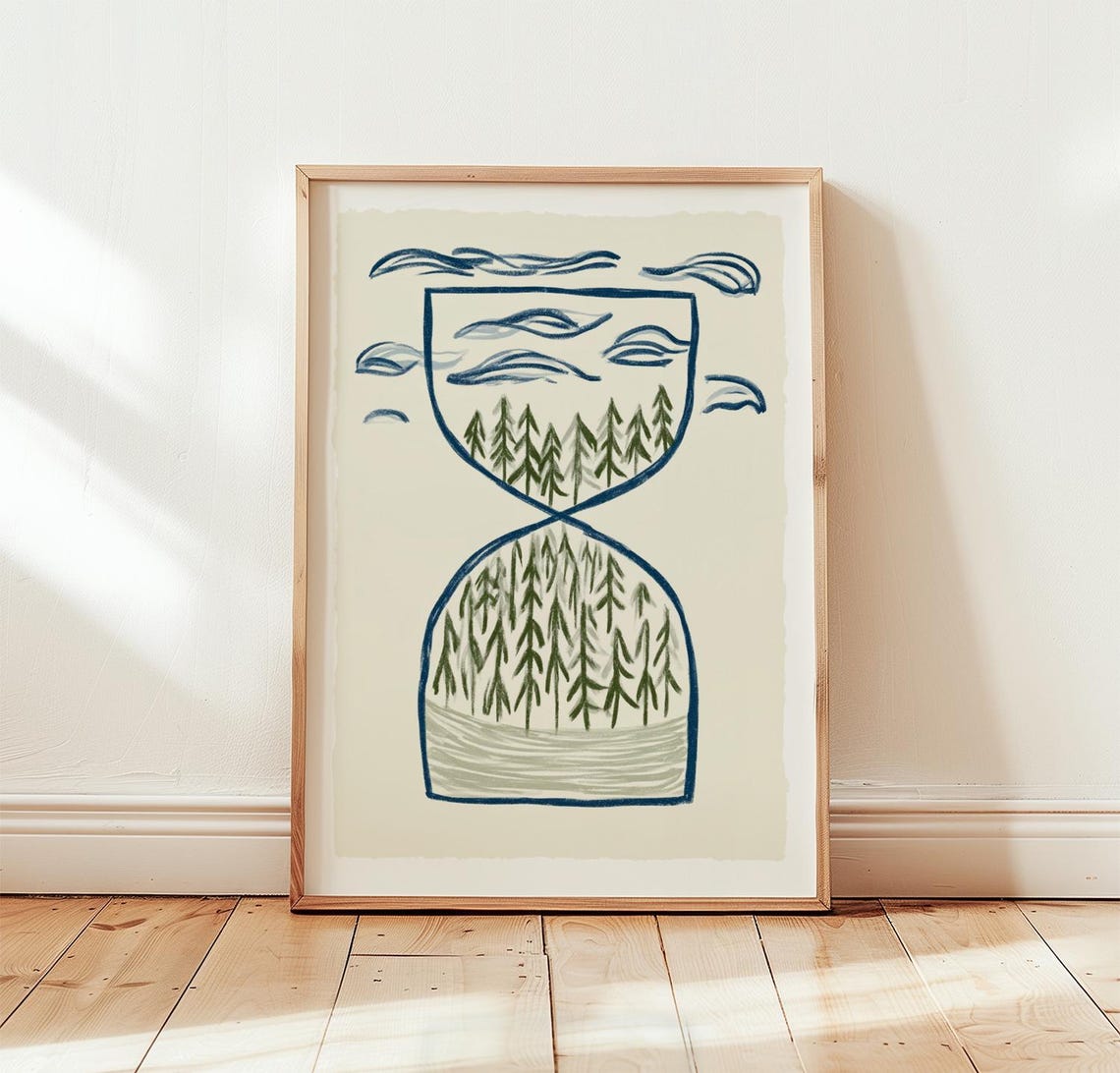 Forest Hourglass Minimalist Pine Tree Line Art Nature Poster
