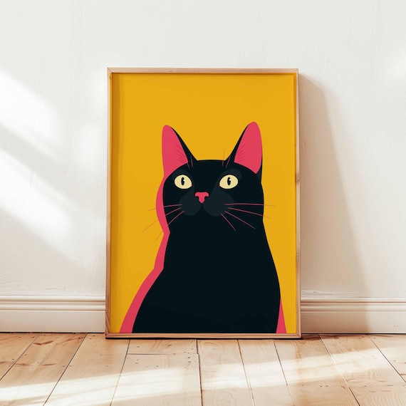Black Cat Pop Art Poster Bold Yellow Wall Print Minimalist Illustration Decor Modern Pet Lover Gift Funky Colorful Unframed