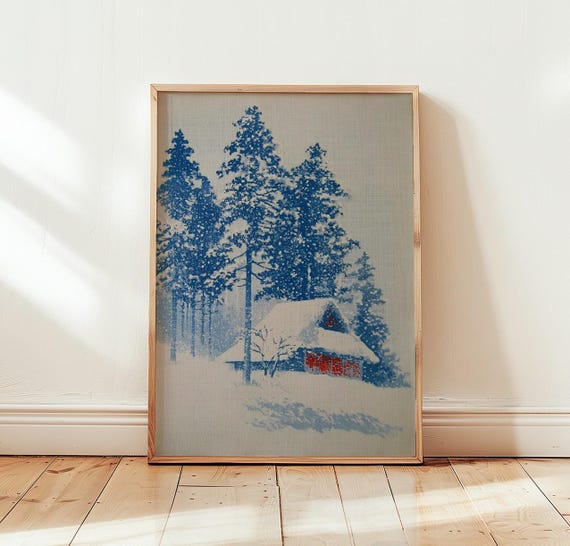 Snowy Cabin Wall Art Winter Forest Landscape Print Blue And White Nature Decor
